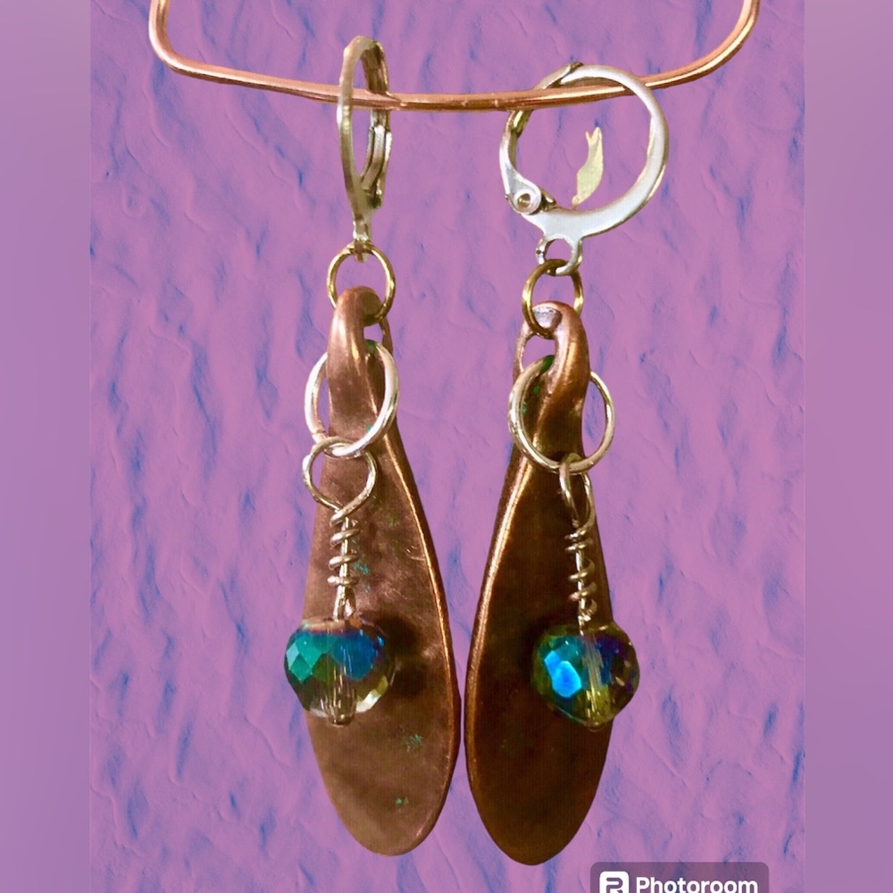 Antiqued Brass Paddle & Crystal Earrings